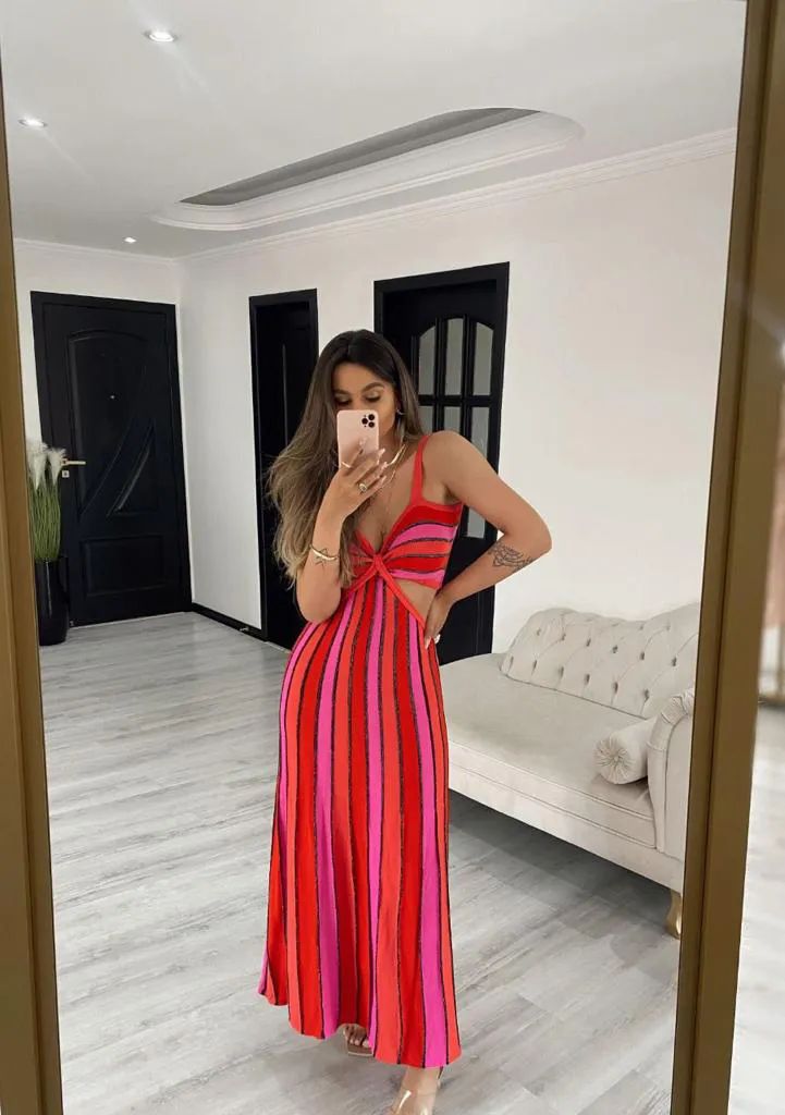 Vestido Tricot em fio Modal Jeniffer - Vermelho/Pink - Vestidos de malha e tricot femininos